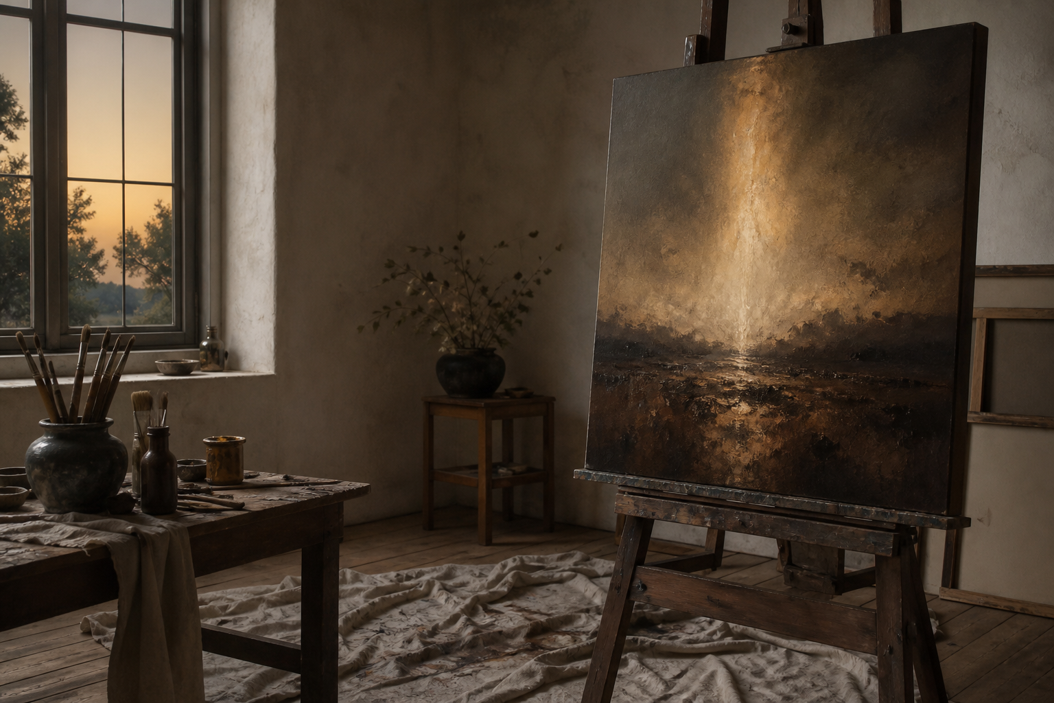 Tanpaintings studio with a painting on the easel