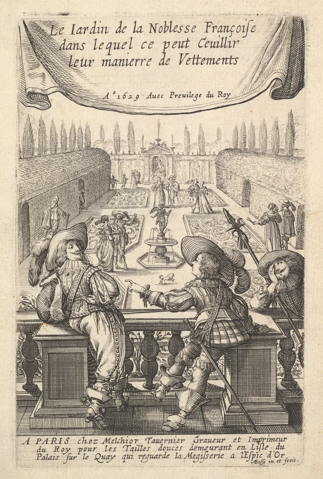 Three Gentlemen Leaning on a Banister Overlooking a Garden where Lovers Stroll, from "The Garden of the French Nobles In Which One Can Pick Up Their Way of Dressing"