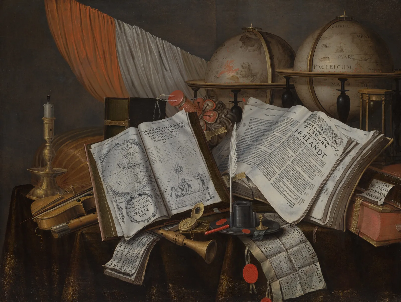 A Vanitas Still Life with a Flag, Candlestick, Musical Instruments, Books, Writing Paraphernalia, Globes, and Hourglass