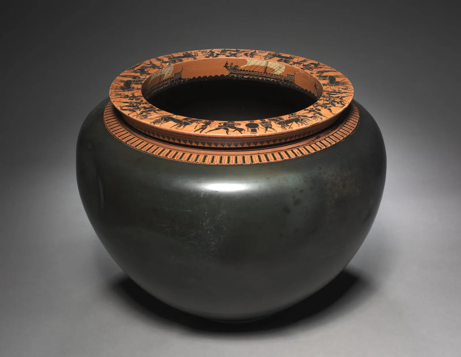 Black-Figure Dinos (Mixing Vessel): Warships (Int.); Heroic Scenes (Top)