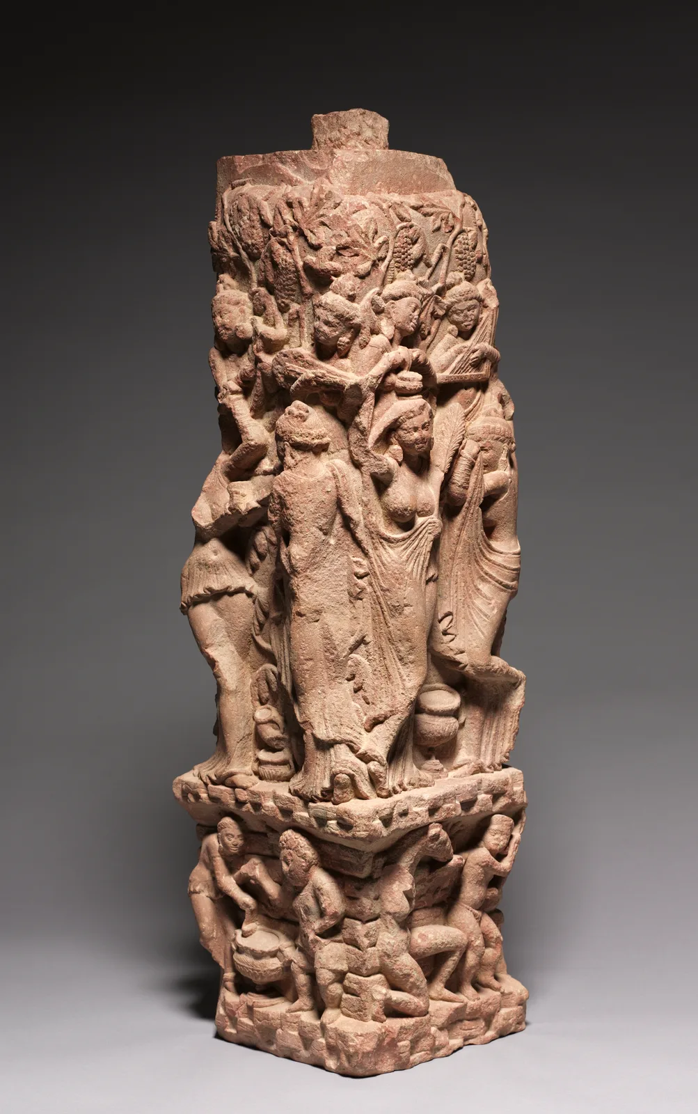 Corner Railing Pillar with Drinking Scenes, Yakshis, and Musicians