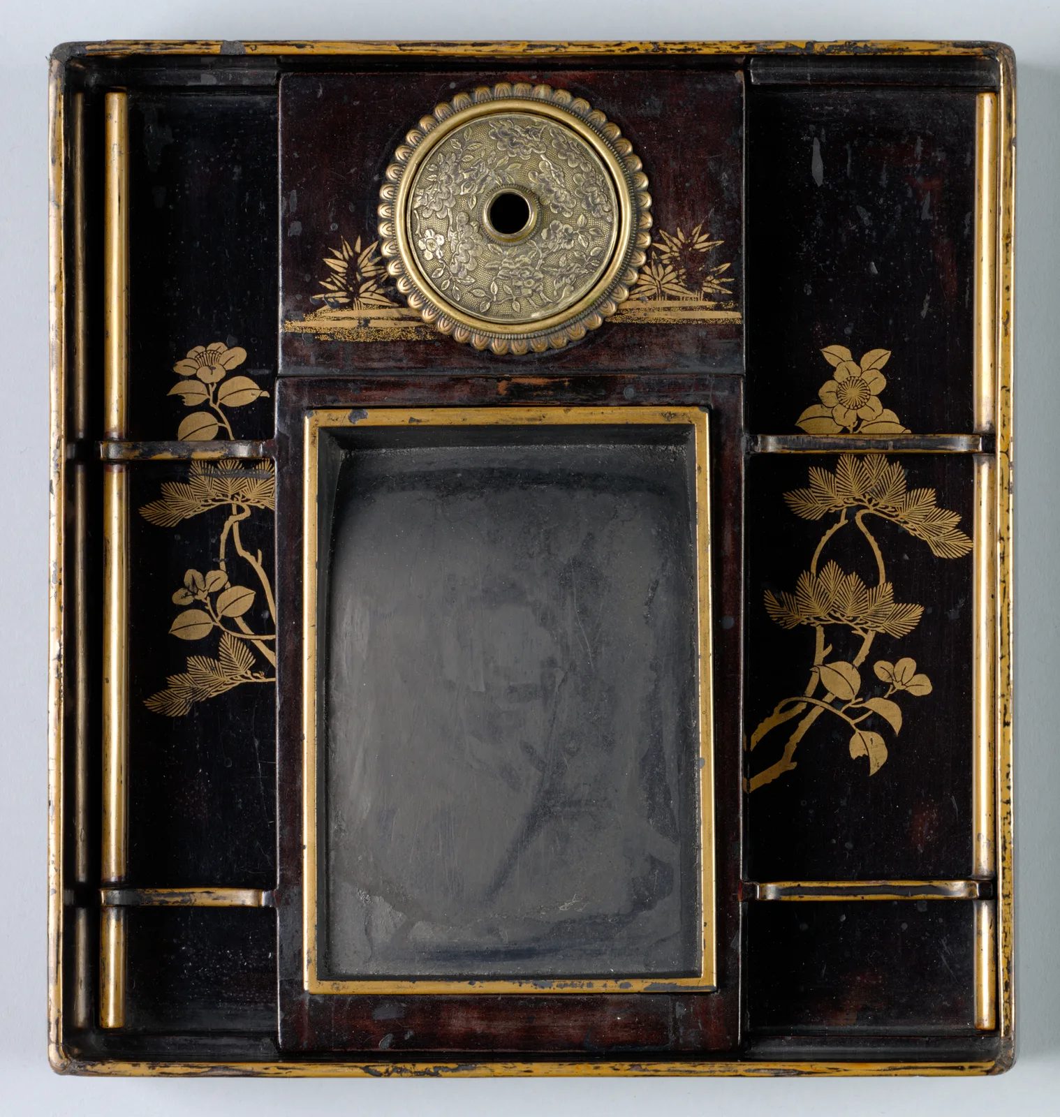 Writing Box (Suzuribako) with Design of Pine, Camellia, and Bamboo (base)